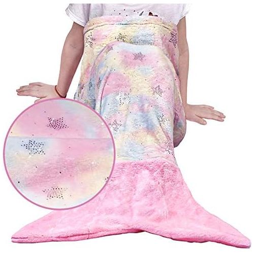  [아마존베스트]softan Mermaid Tail Blanket for Kids, Soft Flannel Wearable Blanket, Wonderful Dyeing Sleeping Blanket, Silvery Shining Stars, Best Gifts for Girls, Cute Pink Tail