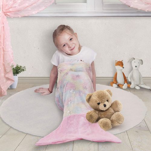  [아마존베스트]softan Mermaid Tail Blanket for Kids, Soft Flannel Wearable Blanket, Wonderful Dyeing Sleeping Blanket, Silvery Shining Stars, Best Gifts for Girls, Cute Pink Tail