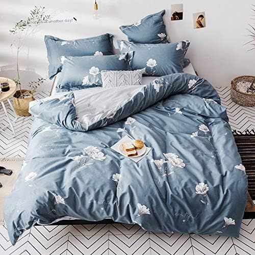  Softta Blue Floral Bedding Sets for Girls Queen 3 pcs with White Flower Printed Blue 100% Cotton (1 Duvet Cover + 2 Pillow Shams)