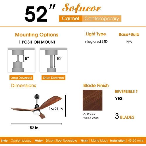  [아마존베스트]Sofucor 52 Outdoor Ceiling Fan with Lights and Remote, 3 Solid Wood Walnut Blades,Noiseless Reversible Motor,Matte Black