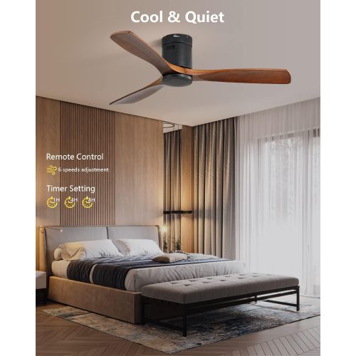  Sofucor Flush Mount Ceiling Fan Low Profile Ceiling Fan with Remote Control 52 Outdoor Ceiling Fan 3 Reversible Walnut Wood Blades Noiseless DC Motor