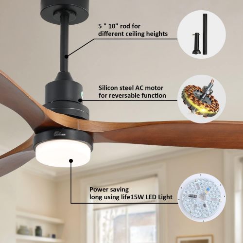  Sofucor 52 Wood Ceiling Fan With Lights Remote Control 3 Wood Fan Blade Ceiling Fans Noiseless Motor Solid Walnut and Matte Black