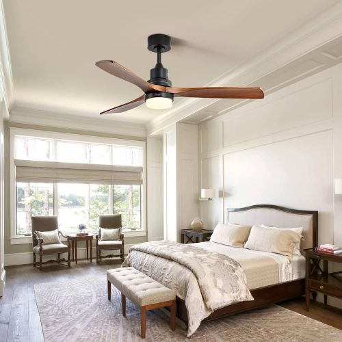  Sofucor 52 Wood Ceiling Fan With Lights Remote Control 3 Wood Fan Blade Ceiling Fans Noiseless Motor Solid Walnut and Matte Black