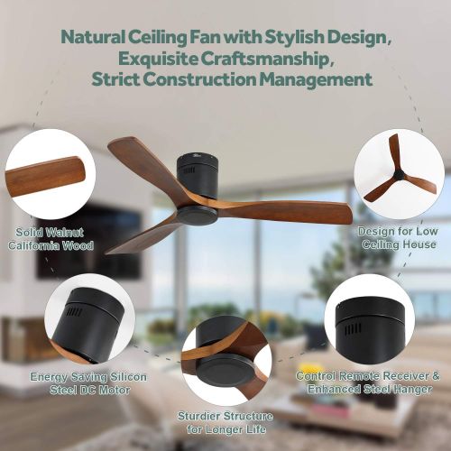  Sofucor Low Profile Ceiling Fan DC 3 Carved Wood Fan Blade Noiseless Reversible Motor Remote Control Without Light