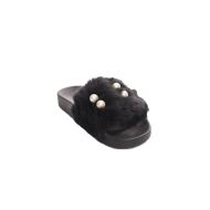 Soho Shoes Womens Open Toe Embellished Pearl Faux Fur Slide Slippers