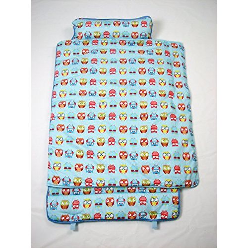  Soho Designs SoHo Preschool Nap Mat | Lightweight Easy Rollup w Carrying Strap, Blanket and Removable Pillow (Blue Owls)