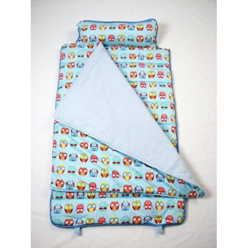  Soho Designs SoHo Preschool Nap Mat | Lightweight Easy Rollup w Carrying Strap, Blanket and Removable Pillow (Blue Owls)