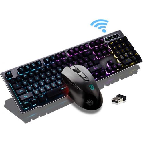  Soke-Six Rechargeable Keyboard and Mouse Wireless Combo,USB Fast-Charging 104 Keys Full-Size PC Laptop Mechanical Feel Backlit Gaming Keyboard Support Adjustable Breathing Lamp &Glowing Mou