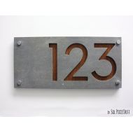 /SolPixieDust Modern House Numbers, Rectangle Concrete with Marine Plywood - Contemporary Home Address - Sign Plaque - Door Number