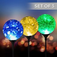 Solario Solar Powered Crackle Glass Ball- 7 Color Changing Stake Lights- Set of 3- Weatherproof Design- Decorative Landscape Lamps- Wireless Outdoor LED Accent Lighting- Best Decor for Gar