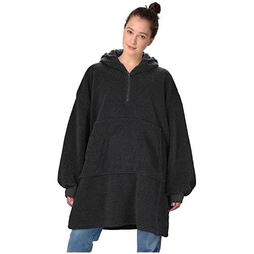  [아마존베스트]Solaris Blanket Sweatshirt with Quarter Zip, Warm Cozy Wearable Faux Shearling Pullover Hoodie Fluffy Coat for Adults Women Men Youth, Lightweight, Hood & Large Pocket, Zipper, One Size Fi