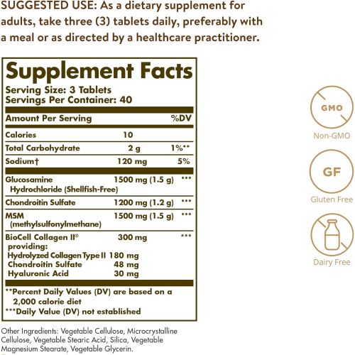  Solgar Glucosamine Hyaluronic Acid Condroitin MSM (Shellfish-Free) 120 Tablets - 2 Bottles