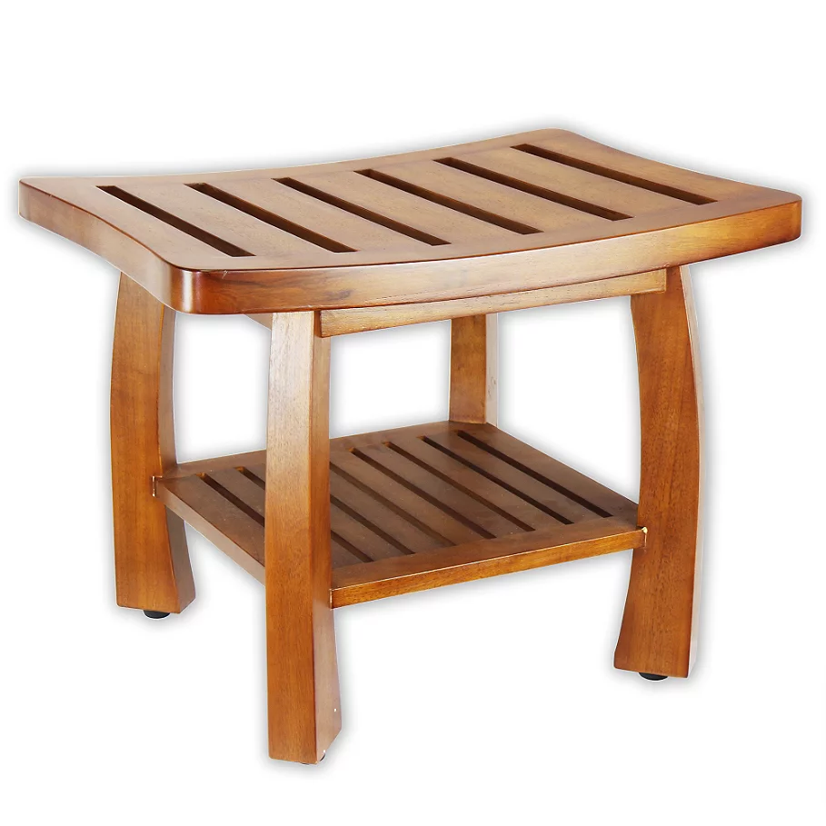 Solid Wood Spa Shower Bench with Storage Shelf in Teak