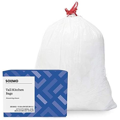  [아마존베스트]Amazon Brand - Solimo Tall Kitchen Drawstring Trash Bags, 13 Gallon, 200 Count