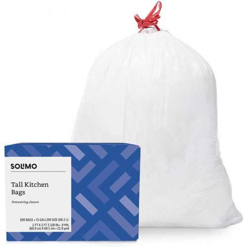  [아마존베스트]Amazon Brand - Solimo Tall Kitchen Drawstring Trash Bags, 13 Gallon, 200 Count