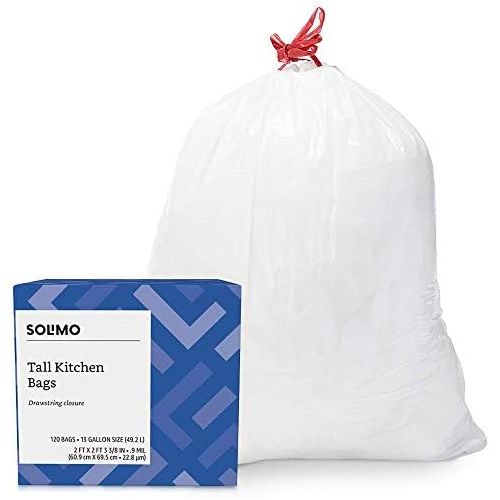  [아마존베스트]Amazon Brand - Solimo Tall Kitchen Drawstring Trash Bags, 13 Gallon, 120 Count