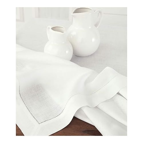  Solino Home White Linen Tablecloth 60 x 90 Inch - 100% Pure Linen Classic Hemstitch Tablecloth - Machine Washable Dining Tablecloth for Summer