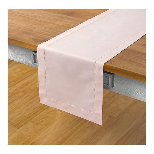  Solino Home Pink Table Runner 90 Inches Long - Cotton Linen Hemstitch Summer Table Runner 14 x 90 Inch - Machine Washable Scarf Dining Table Runner