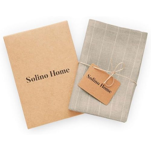  Solino Home Linen Kitchen Towels Set of 2 - Natural and White 17 x 26 Inch - 100% Pure Linen Pinstripe Kitchen/Tea Towels - Machine Washable and Handcrafted from European Flax