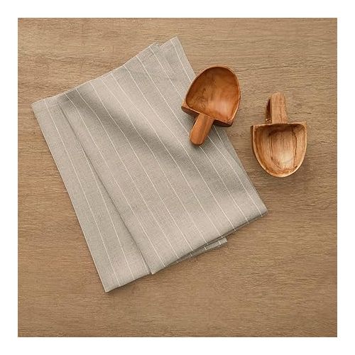  Solino Home Linen Kitchen Towels Set of 2 - Natural and White 17 x 26 Inch - 100% Pure Linen Pinstripe Kitchen/Tea Towels - Machine Washable and Handcrafted from European Flax