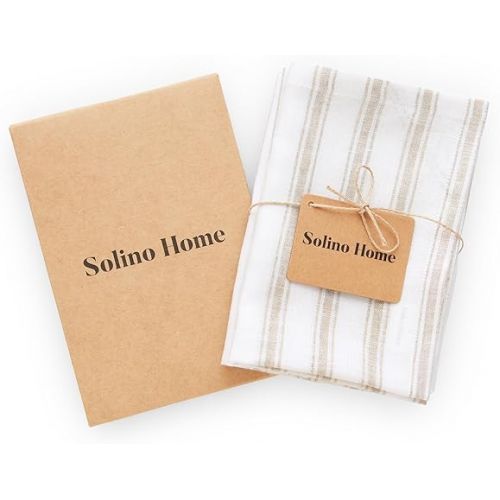  Solino Home Linen Kitchen Towels Set of 2 - Natural and White 17 x 26 Inch - 100% Pure Linen Capri Ticking Stripe Kitchen/Tea Towels - Machine Washable and Handcrafted from European Flax