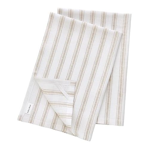  Solino Home Linen Kitchen Towels Set of 2 - Natural and White 17 x 26 Inch - 100% Pure Linen Capri Ticking Stripe Kitchen/Tea Towels - Machine Washable and Handcrafted from European Flax