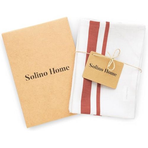  Solino Home Linen Kitchen Towels Set of 2 - Red and White 17 x 26 Inch - 100% Pure Linen French Stripe Kitchen/Tea Towels - Machine Washable and Handcrafted from European Flax