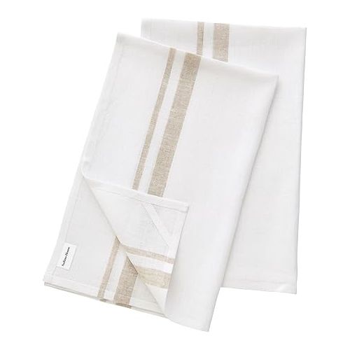  Solino Home Linen Kitchen Towels Set of 2 - Natural and White 17 x 26 Inch - 100% Pure Linen French Stripe Kitchen/Tea Towels - Machine Washable and Handcrafted from European Flax