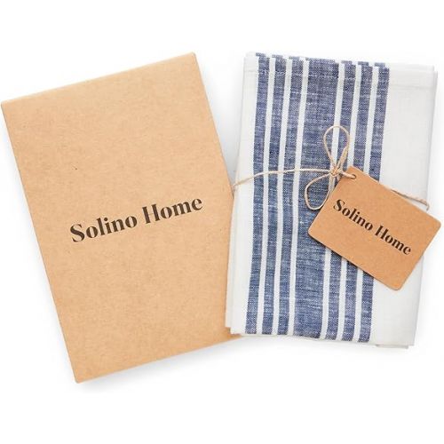  Solino Home Linen Kitchen Towels Set of 2 - Navy and White 17 x 26 Inch - 100% Pure Linen Farmhouse Kitchen/Tea Towels - Machine Washable and Handcrafted from European Flax