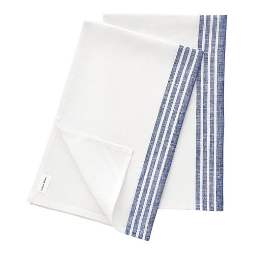  Solino Home Linen Kitchen Towels Set of 2 - Navy and White 17 x 26 Inch - 100% Pure Linen Farmhouse Kitchen/Tea Towels - Machine Washable and Handcrafted from European Flax