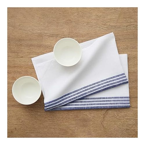  Solino Home Linen Kitchen Towels Set of 2 - Navy and White 17 x 26 Inch - 100% Pure Linen Farmhouse Kitchen/Tea Towels - Machine Washable and Handcrafted from European Flax