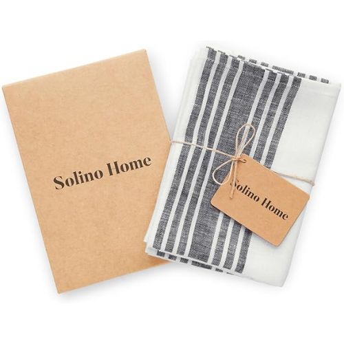  Solino Home Linen Kitchen Towels Set of 2 - Black and White 17 x 26 Inch - 100% Pure Linen Farmhouse Kitchen/Tea Towels - Machine Washable and Handcrafted from European Flax