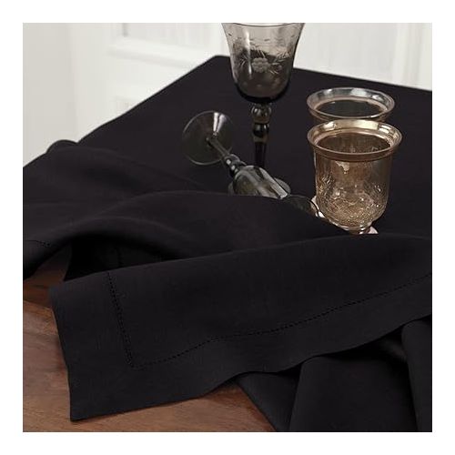  Solino Home Black Linen Tablecloth 60 x 90 Inch - 100% Pure Linen Classic Hemstitch Tablecloth - Machine Washable Dining Tablecloth for Summer