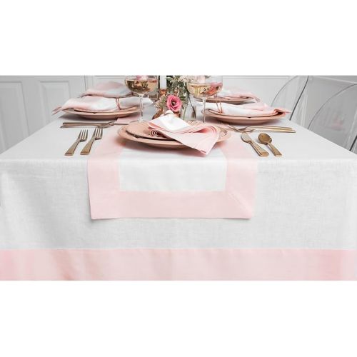  Solino Home Linen Tablecloth 60 x 108 Inch - 100% Pure Linen Blush Pink and White Tablecloth - Farmhouse Dining Rectangle Tablecloth for Summer - Contempo