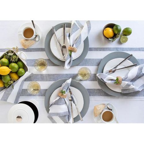  Solino Home Linen Napkins Set of 4 - 100% Pure Linen Summer Grey and White Cloth Napkins 20 x 20 Inch - Cabana Stripe Washable Dinner Napkins