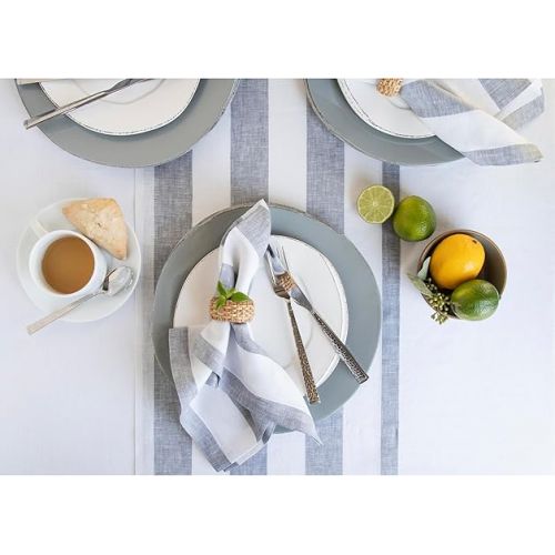  Solino Home Linen Napkins Set of 4 - 100% Pure Linen Summer Grey and White Cloth Napkins 20 x 20 Inch - Cabana Stripe Washable Dinner Napkins