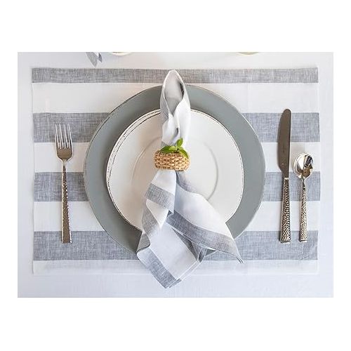  Solino Home Linen Napkins Set of 4 - 100% Pure Linen Summer Grey and White Cloth Napkins 20 x 20 Inch - Cabana Stripe Washable Dinner Napkins