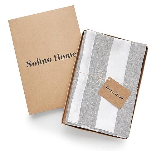  Solino Home Linen Napkins Set of 4 - 100% Pure Linen Summer Grey and White Cloth Napkins 20 x 20 Inch - Cabana Stripe Washable Dinner Napkins