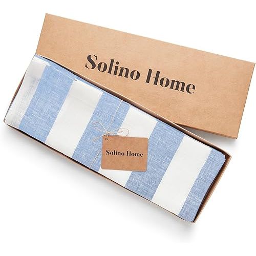  Solino Home Cabana Stripe Linen Placemats Set of 4 - 100% Pure Linen Summer Sky Blue and White Placemats 14 x 19 Inch - Machine Washable Cloth Placemats