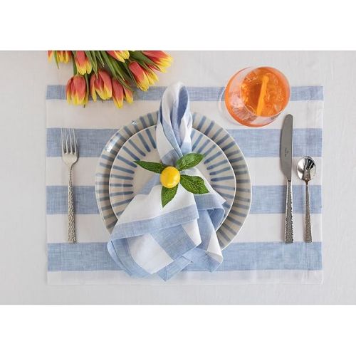  Solino Home Cabana Stripe Linen Placemats Set of 4 - 100% Pure Linen Summer Sky Blue and White Placemats 14 x 19 Inch - Machine Washable Cloth Placemats