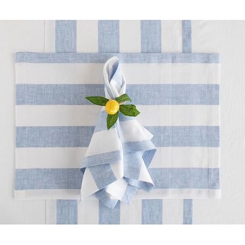  Solino Home Cabana Stripe Linen Placemats Set of 4 - 100% Pure Linen Summer Sky Blue and White Placemats 14 x 19 Inch - Machine Washable Cloth Placemats