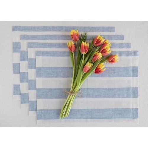  Solino Home Cabana Stripe Linen Placemats Set of 4 - 100% Pure Linen Summer Sky Blue and White Placemats 14 x 19 Inch - Machine Washable Cloth Placemats