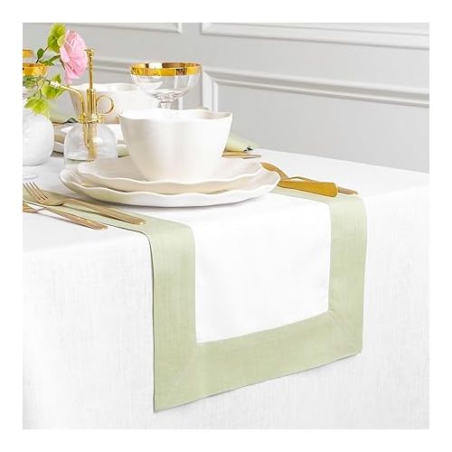  Solino Home Linen Table Runner 36 inch - 100% Pure Linen Summer Sage Green and White Table Runner 14 x 36 Inch - Farmhouse Table Runner - Contempo