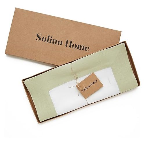  Solino Home Linen Table Runner 36 inch - 100% Pure Linen Summer Sage Green and White Table Runner 14 x 36 Inch - Farmhouse Table Runner - Contempo