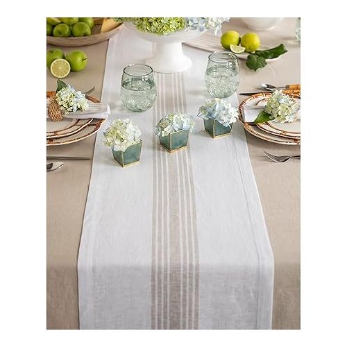  Solino Home Stripe Linen Table Runner 72 inches Long - 100% Pure Linen Natural and White Table Runner 14 x 72 Inch - Machine Washable Farmhouse Table Runner for Summer