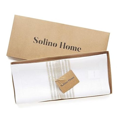  Solino Home Stripe Linen Table Runner 72 inches Long - 100% Pure Linen Natural and White Table Runner 14 x 72 Inch - Machine Washable Farmhouse Table Runner for Summer