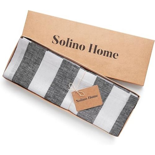  Solino Home Cabana Stripe Linen Placemats Set of 4 - 100% Pure Linen Summer Black and White Placemats 14 x 19 Inch - Machine Washable Cloth Placemats