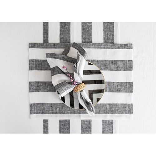  Solino Home Cabana Stripe Linen Placemats Set of 4 - 100% Pure Linen Summer Black and White Placemats 14 x 19 Inch - Machine Washable Cloth Placemats