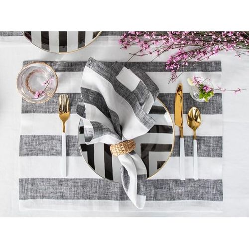  Solino Home Cabana Stripe Linen Placemats Set of 4 - 100% Pure Linen Summer Black and White Placemats 14 x 19 Inch - Machine Washable Cloth Placemats