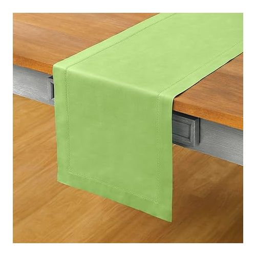  Solino Home Apple Green Table Runner 108 Inches Long - Cotton Linen Hemstitch Summer Table Runner 14 x 108 Inch - Machine Washable Scarf Dining Table Runner